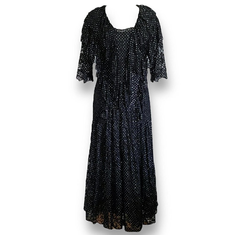 Nicole Miller Vintage 1980s Dress Sz 8 Black Lace Silver Polka Dot Flapper Style